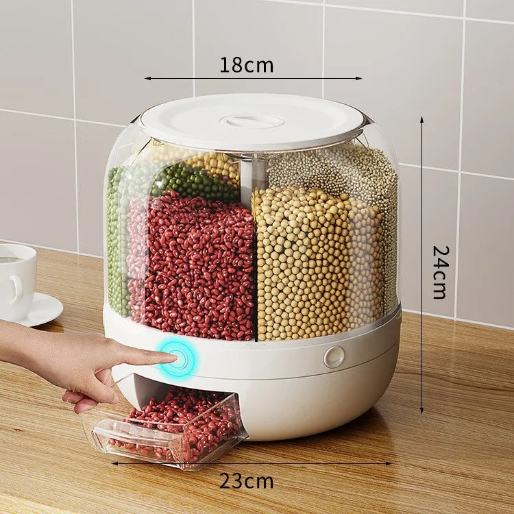 360 Degree Rotating Rice Dispenser Sealed Dry Cereal Grain Bucket Dispenser Moisture-proof Kitchen Food Container Storage Box