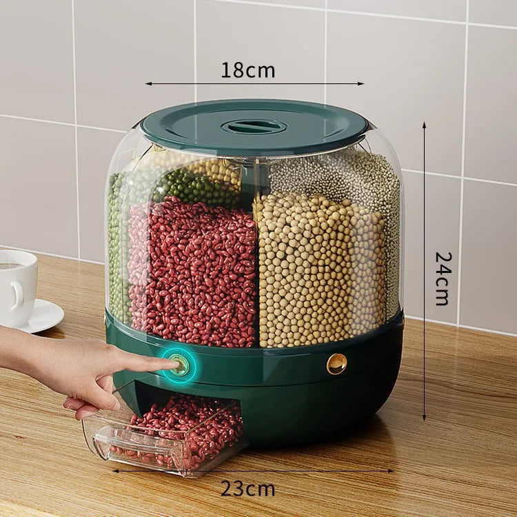 360 Degree Rotating Rice Dispenser Sealed Dry Cereal Grain Bucket Dispenser Moisture-proof Kitchen Food Container Storage Box