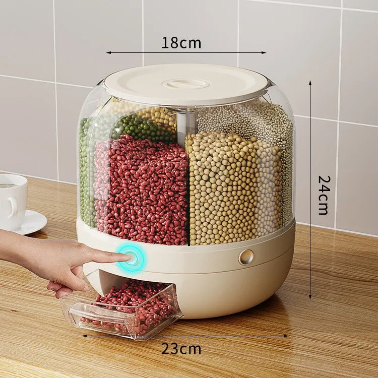 360 Degree Rotating Rice Dispenser Sealed Dry Cereal Grain Bucket Dispenser Moisture-proof Kitchen Food Container Storage Box